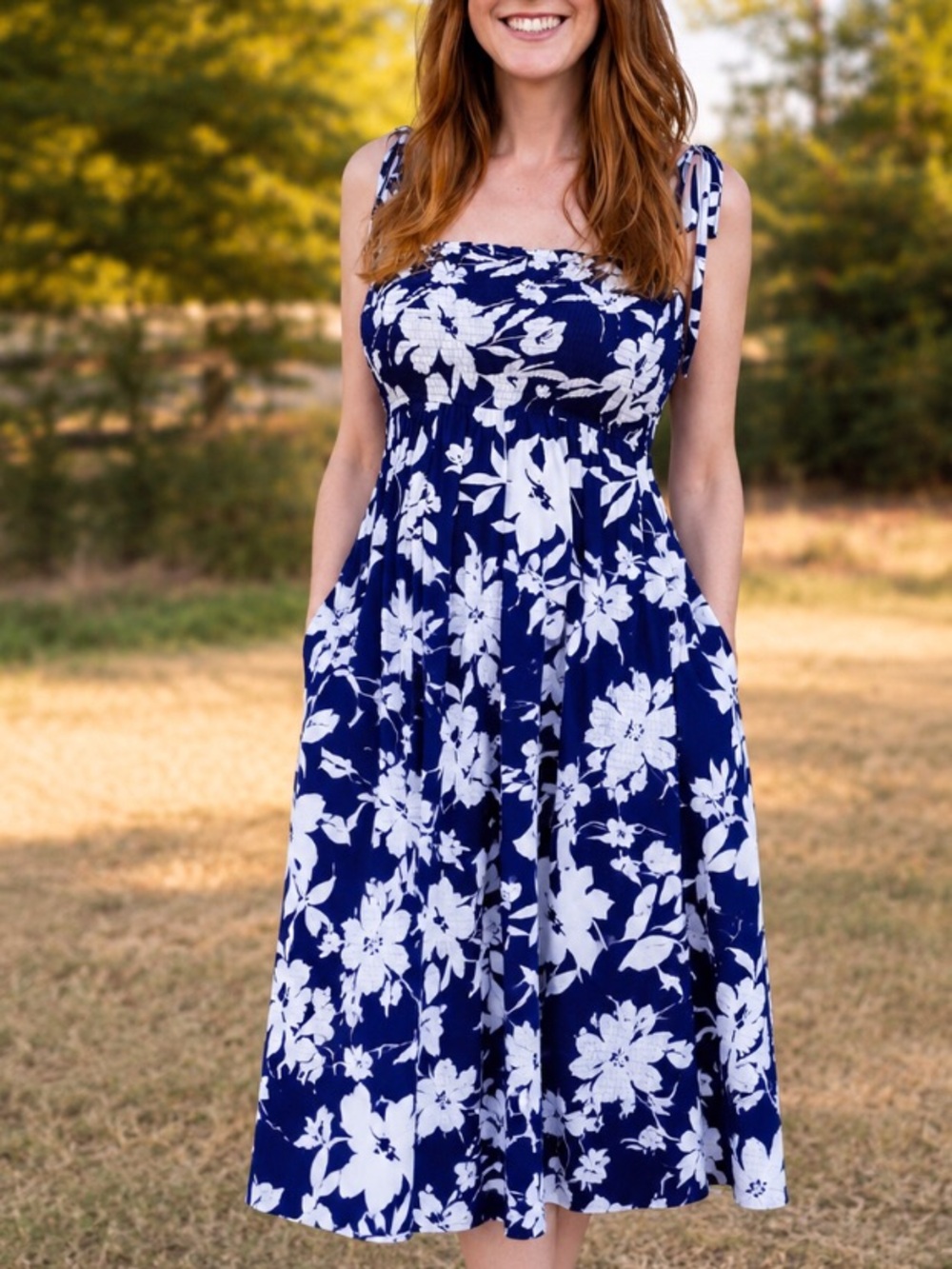 Plus size Navy & White Floral Tie-Shoulder Midi summer Dress